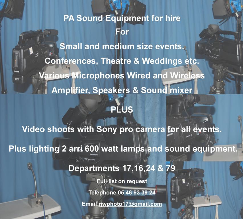 PA sound equipment for hire,small and medium events,conferences,theatre,weddings,microphones wired and wireless,amplifier,speakers,sound mixer,video shoots for events