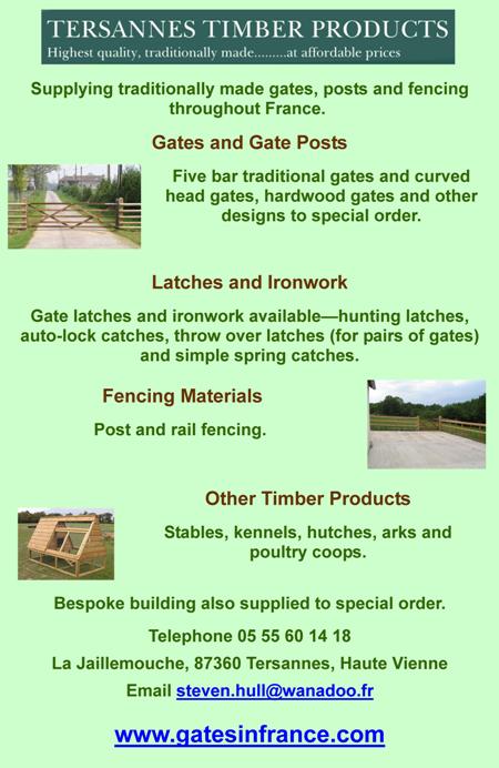 Gates in France,Tersannes Timber Products,gates,posts,fencing,gate posts,latches,ironwork,stables,kennels,hutches,arks,poultry coops,bespoke buildings