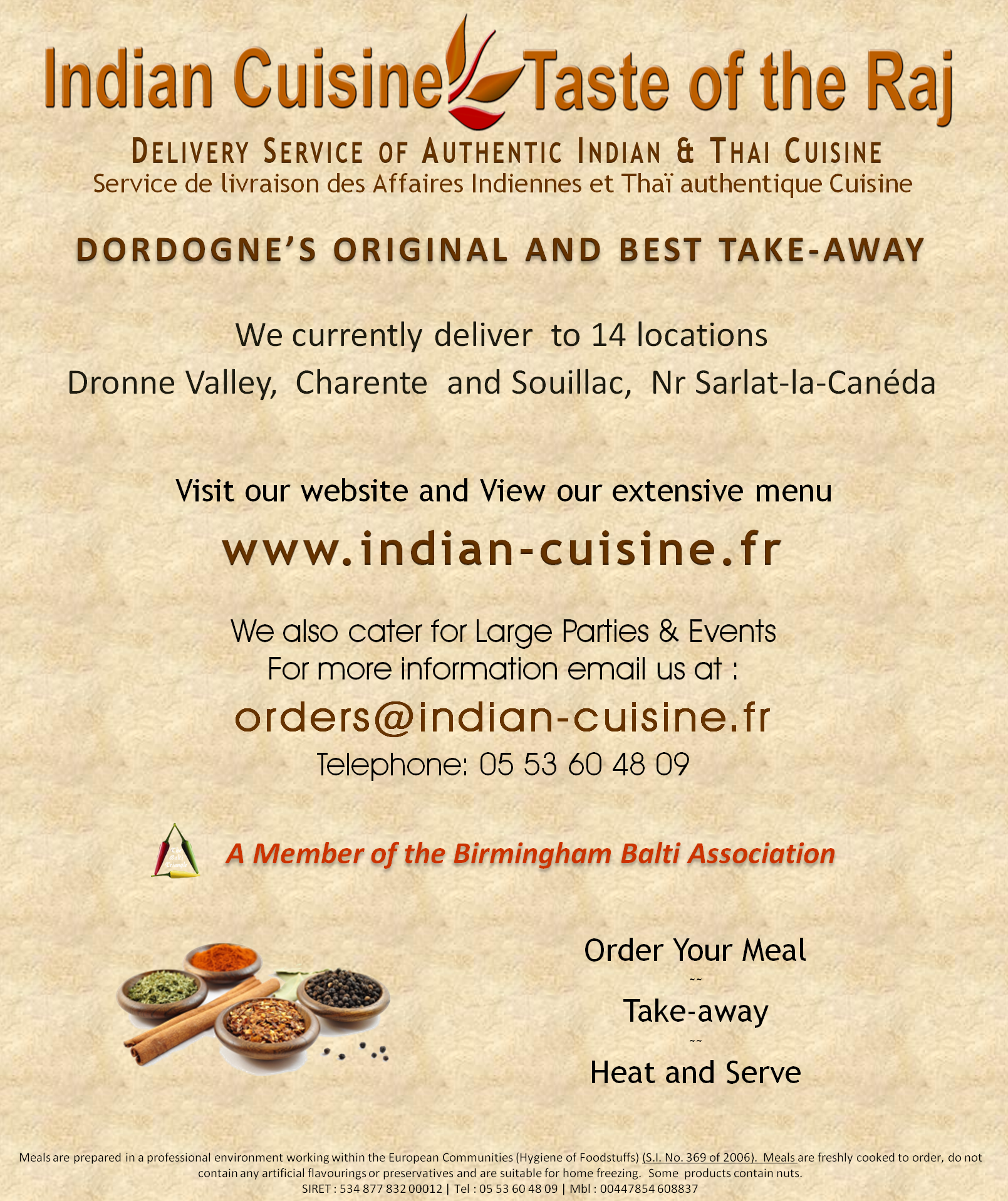Indian Cuisine,Taste of the Raj,delivery service of authentic Indian cuisine,Dordogne take away,catering for large parties,events and receptions,Charente,Dronne Valley,Souillac,Sarlat la Caneda,Lot