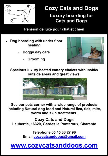 Cozy Cats and Dogs,luxury boarding for cats and dogs,pension de luxe pour chat et chien,kennels,under floor heating,dog day care,grooming,English speaking,heated cattery,chalets,pets corner,natural dog food,flea,tick,mite,worm,skin,treatments