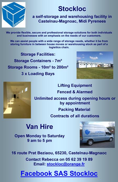 Stockloc,self storage,warehousing,Castelnau-Magnoac,Midi Pyrenees,secure storage,professional storage,personal,business,furniture,stock,logistics,storage containers,storage rooms,loading bays,lifting equipment,fenced,alarmed,packing material,van hire