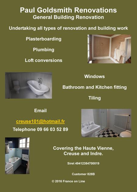 Paul Goldsmith Renovations,general building,renovation,plasterboarding,plumbing,loft conversions,windows,bathroom fitting,kitchen fitting,tiling,Haute Vienne,Creuse,Indre,Vienne,Limousin,Center,Poitou Charente