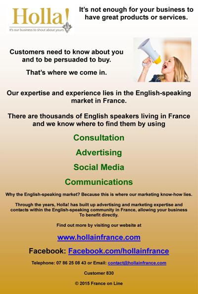 Business solutions,consultation,business issues,advertising,social media,facebook,twitter,communications,advertising,marketing,English speaking community,France,holla,English markets,attract customers,marketing,experts