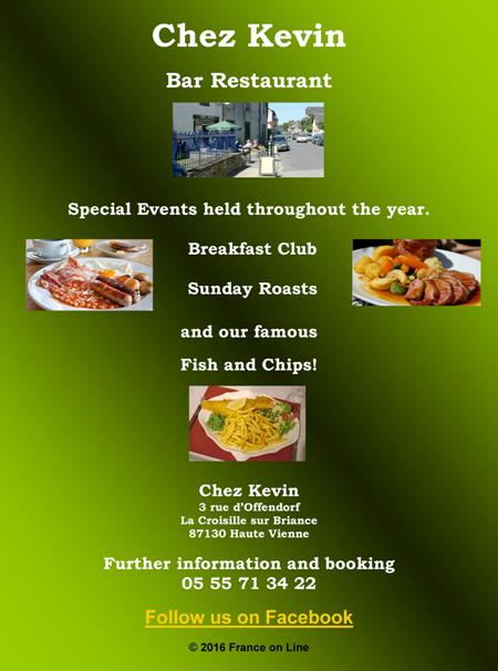 Chez Kevin,English bar,restaurant,La Croisille sur Briance,87130,Haute Vienne,Limousin,breakfast club,Sunday lunch,Sunday roasts,fish and chips,special events