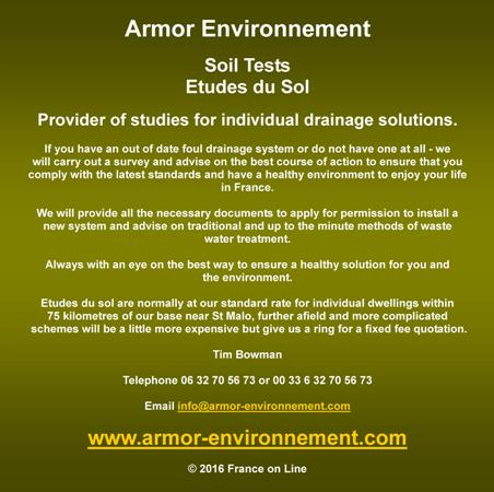 Armor Environnement,soil tests,etudes du sol,drainage solutions,survey,waste water treatment,environment,fosse septique,fosse septic tank