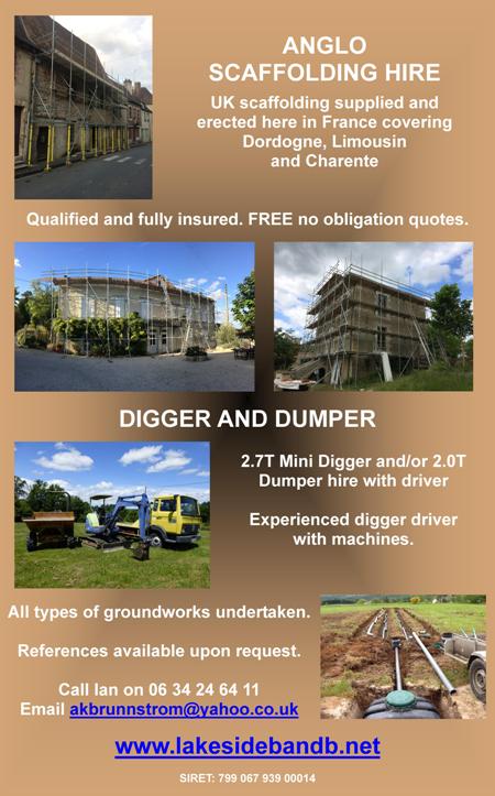 Anglo Scaffolding,UK scaffolding,erected,Dordogne,Limousin,Charente,qualified,insured,free quotes,digger,dumper,hire,with drive,2.7t mini digger,2.0t dumper,digger driver,machines,groundwork undertaken