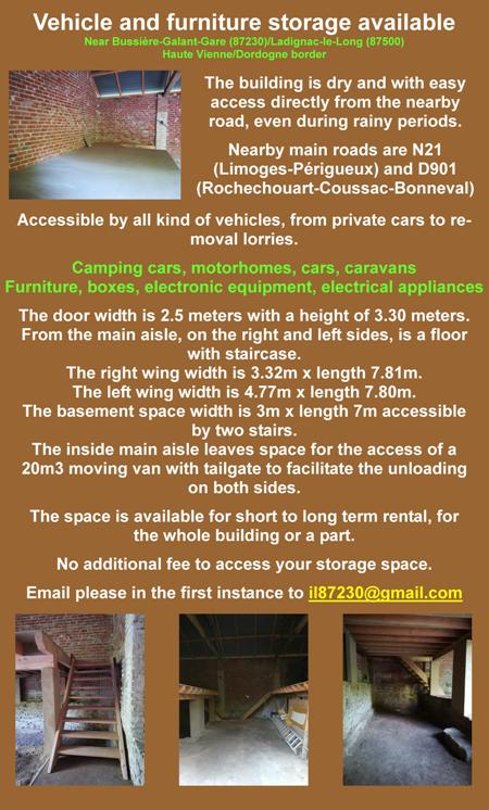 Vehicle storage,furniture storage,Bussiere Galant,Ladignac le Long,87230,87500,Haute Vienne,Dordogne,Limousin,dry storage,camping cars,motorhomes,cars,caravans,furniture,boxes,electronic equipment,electrical appliances,short rental,long term rental
