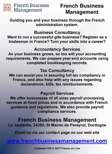 French Business Management,Dordogne,French administration system,business consultancy,register a business,accountancy services,year end accounts,bookkeeping,tax consultancy,tax compliancy,declarations,bills,reimbursements,payroll services