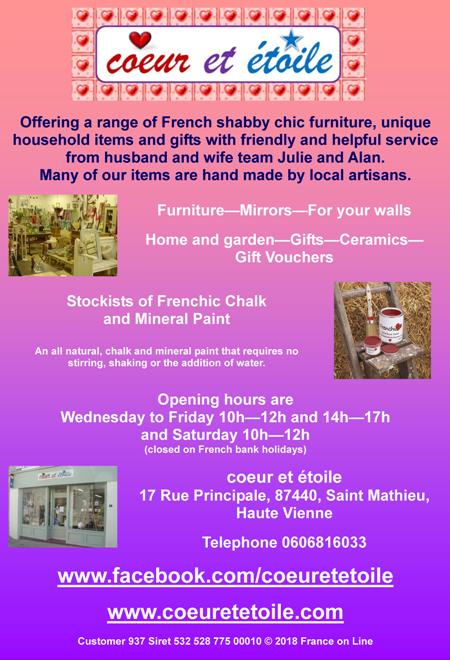 coeur et etoile,Saint Mathieu,87440,Haute Vienne,Limousin,French shabby chic furniture,household items,gifts,hand made by local artisans,furniture,mirrors,home and garden,ceramics,gift vouchers,French chic and mineral paint stockist,natural paint