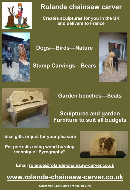 Rolande,Chainsaw Carver,Charente Maritime,France,sculptures in wood,dogs,birds,nature,stump carvings,bears,garden benches,seats,garden furniture,gifts,pet portraits,wood burning,pyrography