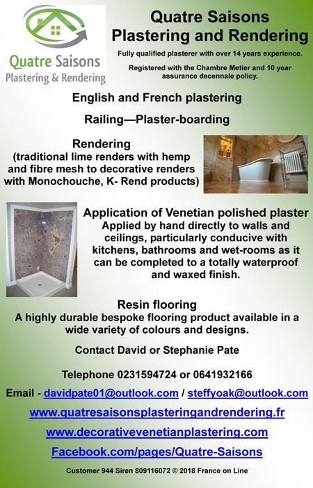 Quatre Saisons Plastering and Rendering,English plastering,French plastering,railing,plaster boarding,rendering,lime renders,venetian polished plaster,resin flooring