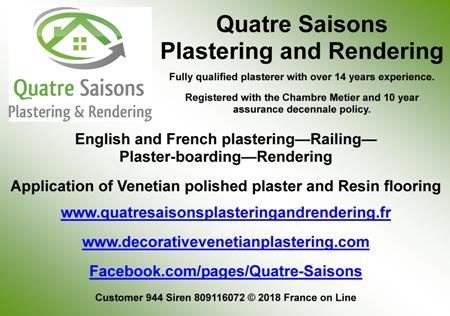 Quatre Saisons Plastering and Rendering,English plastering,French plastering,railing,plaster boarding,rendering,lime renders,venetian polished plaster,resin flooring