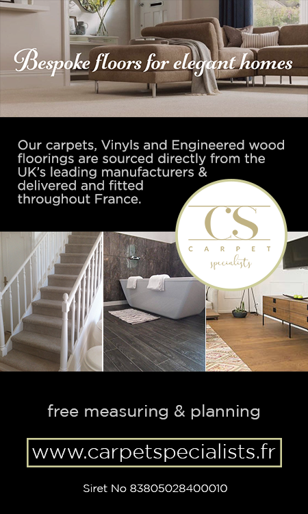 Carpet Specialists France,carpets,vinyls,engineered wood flooring,UK,English,British,delivered,fitted,France,free measuring and planning,stair rods,accessories,luxury underlays,rugs,runners
