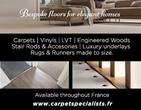 Carpet Specialists France,carpets,vinyls,engineered wood flooring,UK,English,British,delivered,fitted,France,free measuring and planning,stair rods,accessories,luxury underlays,rugs,runners