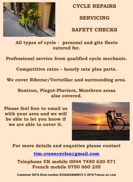 Cycle repairs,servicing,safety checks,bikes,bicycles,gite fleets,qualified cycle mechanic,Riberac,Verteillac,Nontron,Piegut-Pluviers,Montbron,Dordogne,Charente
