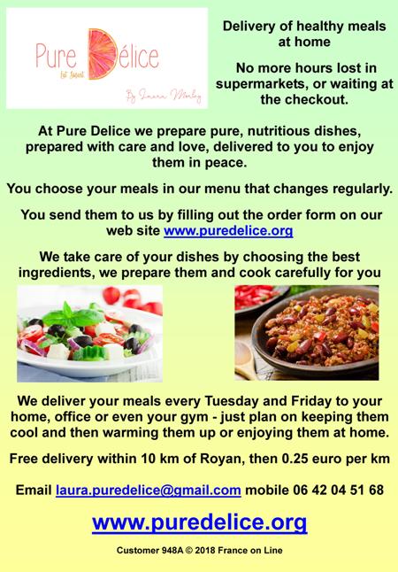 Pure Delice,delivery of meals to your home,home delivery of cooked meals,dinners,sweets,dishes,menu,free delivery,Royan,Charente Maritime