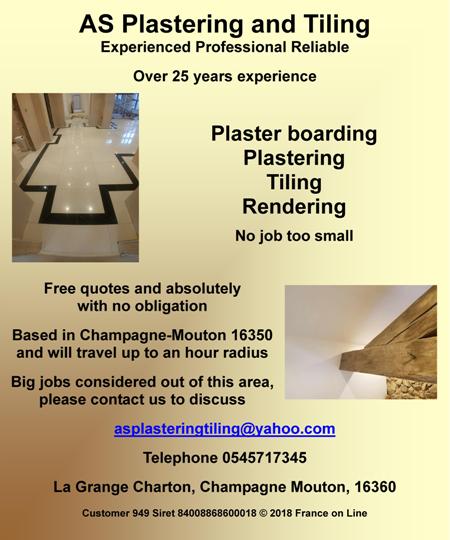 AS Plastering and Tiling,plaster boarding,plastering,tiling,rendering,free quotes,Champagne-Mouton,16350,Charente