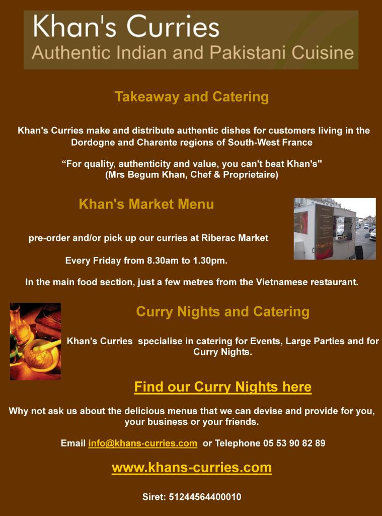 Khans Curries,authentic Indian and Pakistani Cuisine,takeaway and catering,Dorodnge,Charente,South west France,curry nights,events,large parties